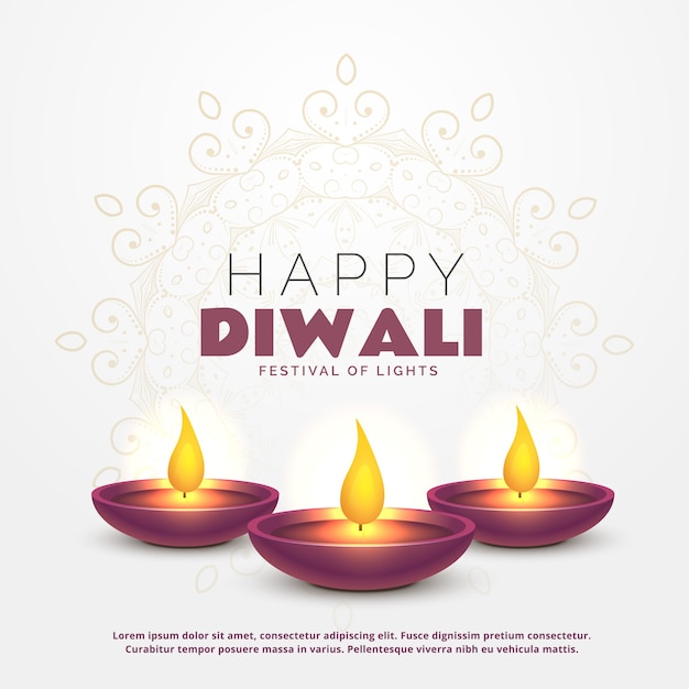 Beautiful happy diwali greeting with burning diya for festival of lights