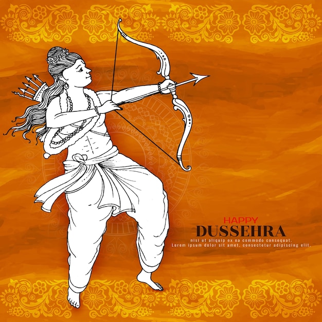 Bellissimo sfondo del festival tradizionale happy dussehra con lord rama che punta la freccia