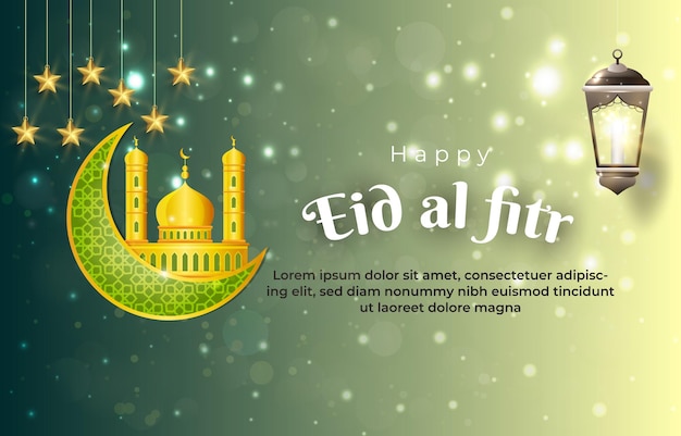 Beautiful happy eid al fitr mubarak banner with quote and beautiful islamic ornament design with abstract gradient green background