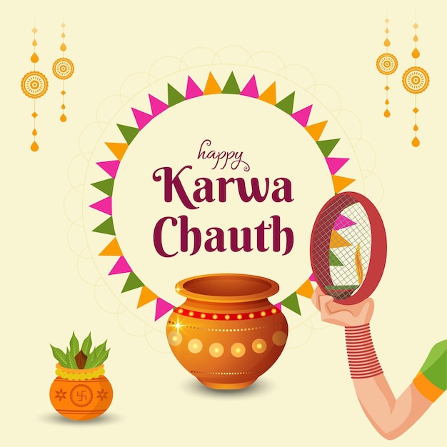 Beautiful happy karwa chauth festival banner design template