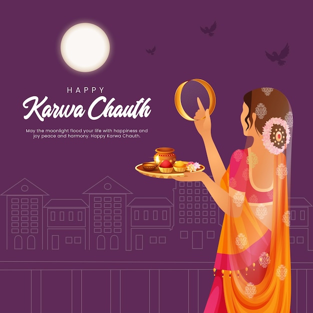 Beautiful happy karwa chauth festival banner design template