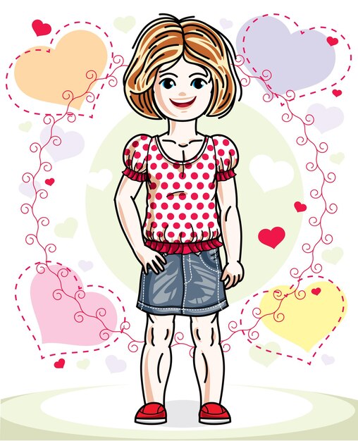 Vector beautiful happy little red-haired girl in stylish casual clothes posing on colorful backdrop with romantic hearts. vector illustration of attractive kid.