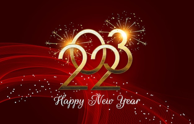 Beautiful happy new year 2023 with colorful sparkle luxury shiny with abstract dark red gradient background design