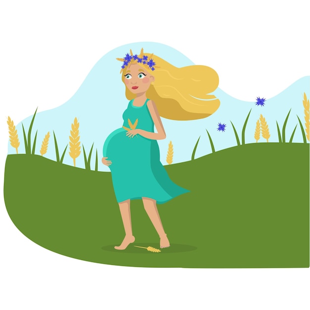 A beautiful and happy pregnant blonde woman in harmony, with a flower wreath on her head.