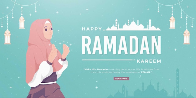 beautiful happy ramadan mubarak banner with girl praying