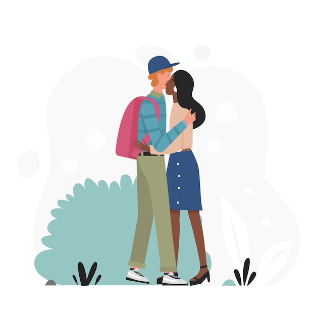 Vector beautiful happy young couple hugging in the street