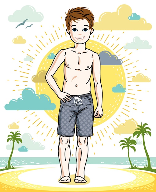 Bello giovane ragazzo felice dell'adolescente che posa negli shorts variopinti alla moda della spiaggia. vector bella illustrazione umana. clipart tema moda.