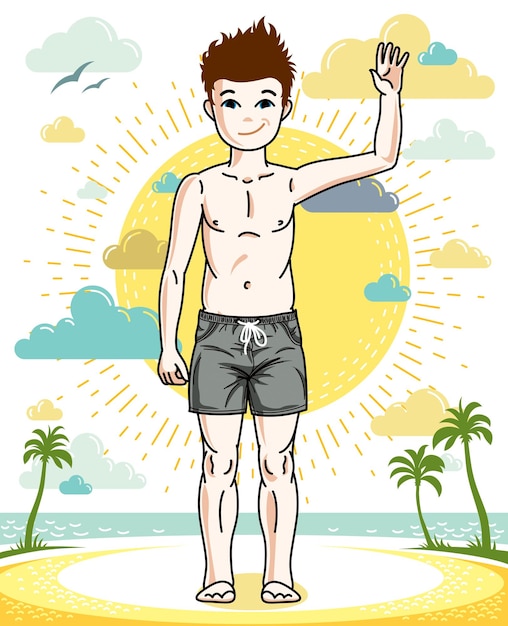 カラフルでスタイリッシュなビーチショーツでポーズをとって美しい幸せな若いティーンエイジャーの少年。ベクトル文字。子供のライフスタイルのクリップアート。