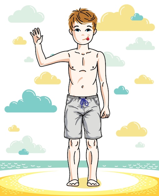 Красивый счастливый молодой мальчик-подросток позирует в модных пляжных шортах. Векторная детская иллюстрация. Мультфильм на тему моды и образа жизни.