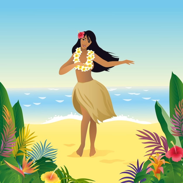 Bella ragazza hawaiana sta ballando sulla spiaggia circondata da foglie e fiori tropicali