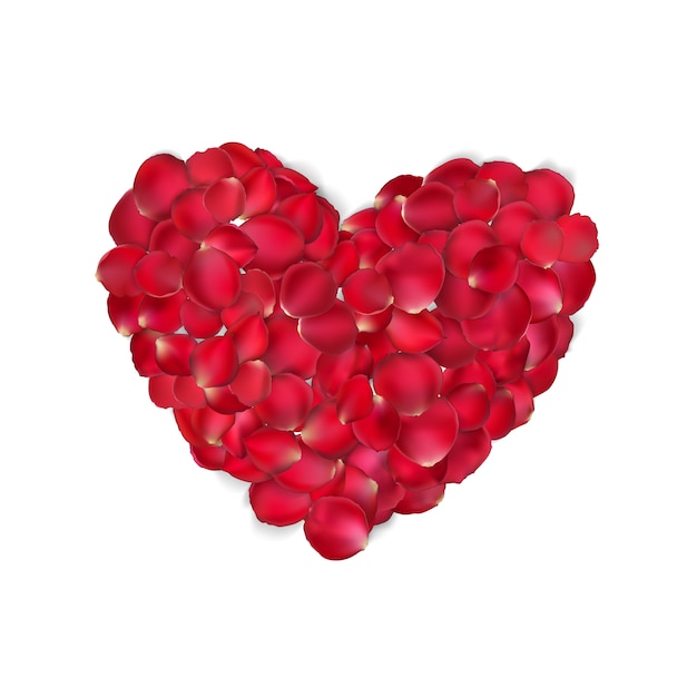 Vector beautiful heart of red rose petals isolated on white.