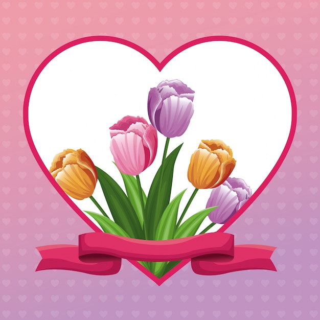 Beautiful heart with tulip flowers ribbon 