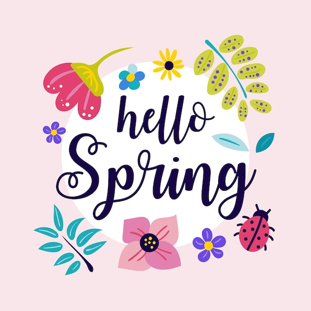 Bellissimo banner hello spring con fiori disegnati a mano