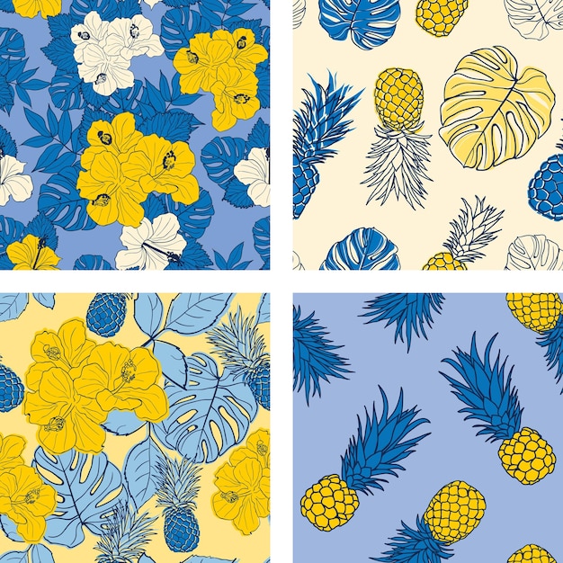 Beautiful hibiscus flowers leaves pineapples seamless pattern background set Tropical nature