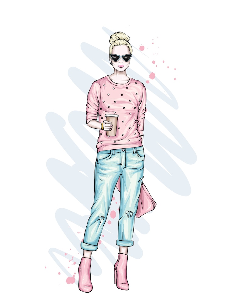Vector beautiful high in pants, glasses and a sweatshirt. stylish clothes and accessories.