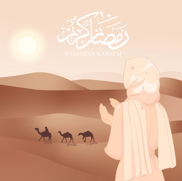 Beautiful hijab woman muslim praying in ramadan kareem desert poster banner