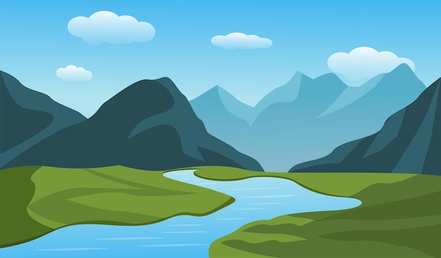 Vector beautiful hilly landscape with lake