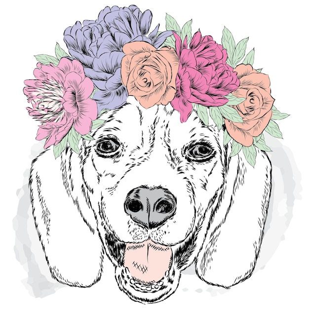 花の花輪の美しい流行に敏感な犬