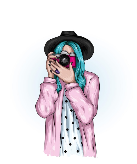 Beautiful hipster girl in a hat and with a camera