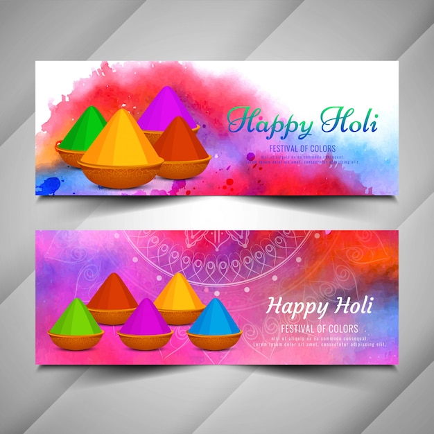 Beautiful Holi festival celebration vector banners set