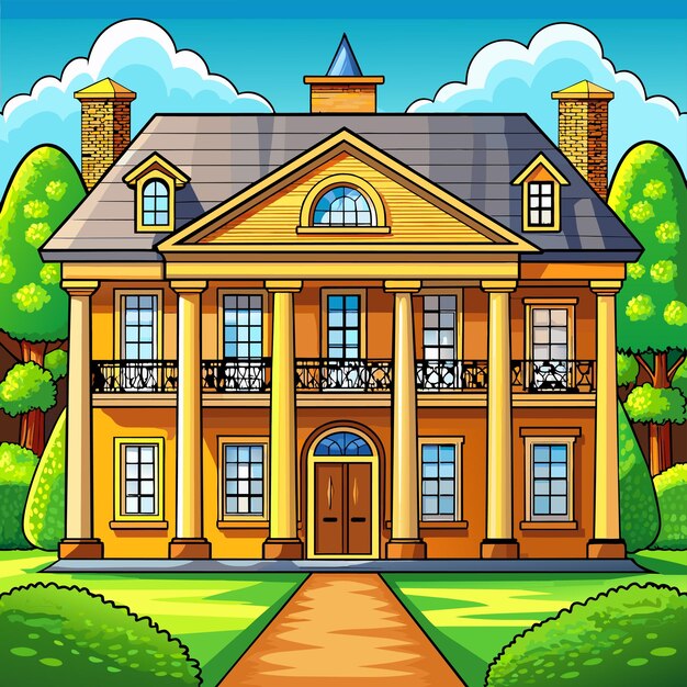 Vector beautiful home private exterior houses residence housing estate hand drawn sticker icon concept