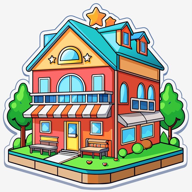 Vector beautiful home private exterior houses residence housing estate hand drawn sticker icon concept