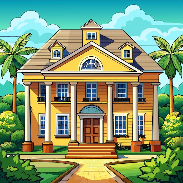 Vector beautiful home private exterior houses residence housing estate hand drawn sticker icon concept