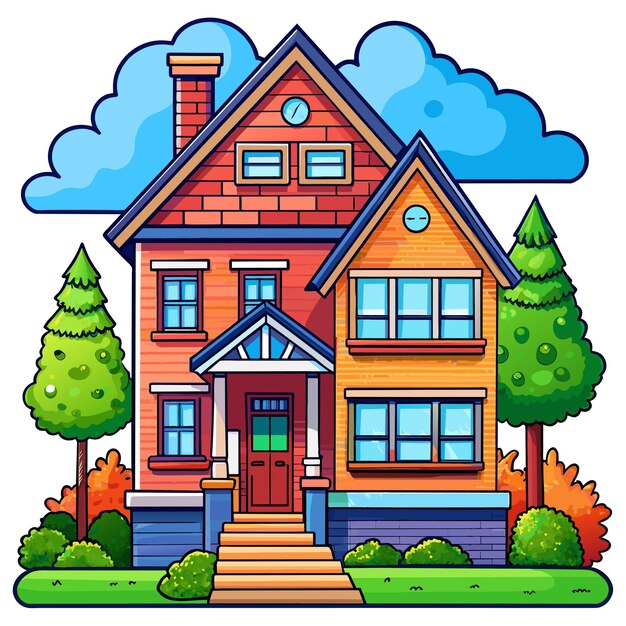 Vector beautiful home private exterior houses residence housing estate hand drawn sticker icon concept