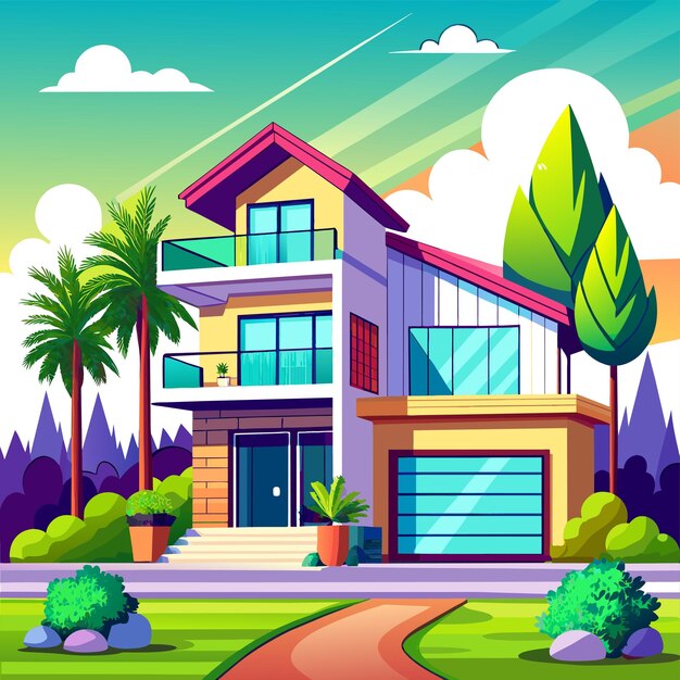 Vector beautiful home private exterior houses residence housing estate hand drawn sticker icon concept