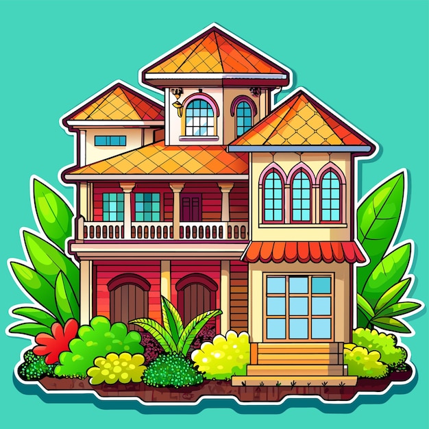 Beautiful home private exterior houses residence housing estate hand drawn sticker icon concept