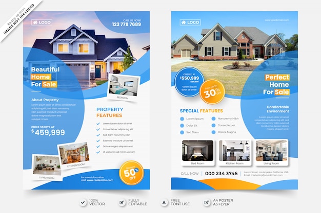 Vector beautiful home for sale real estate flyer poster template with photo