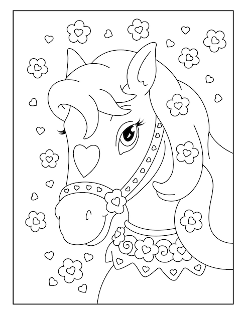 Vector beautiful horse coloring page for kids