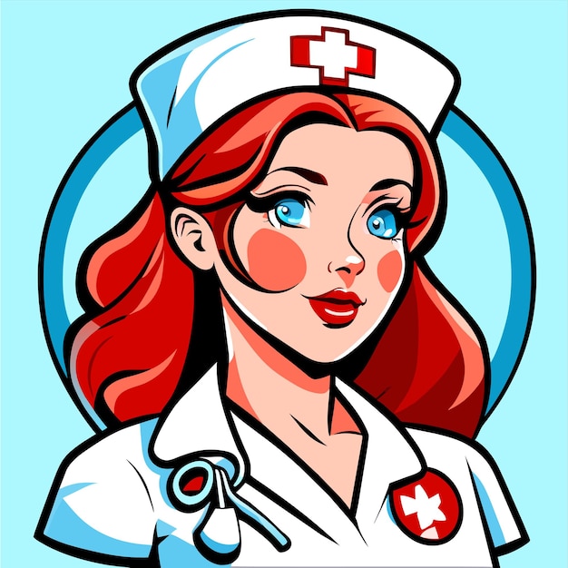 Красивая горячая медсестра, нарисованная рукой, плоская, стильная, мультфильмная наклейка, икона, концепция, изолированная иллюстрация