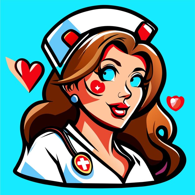ベクトル 美しいホットな看護師 手描きの平らなスタイリッシュな漫画のステッカー アイコンコンセプト 孤立したイラスト