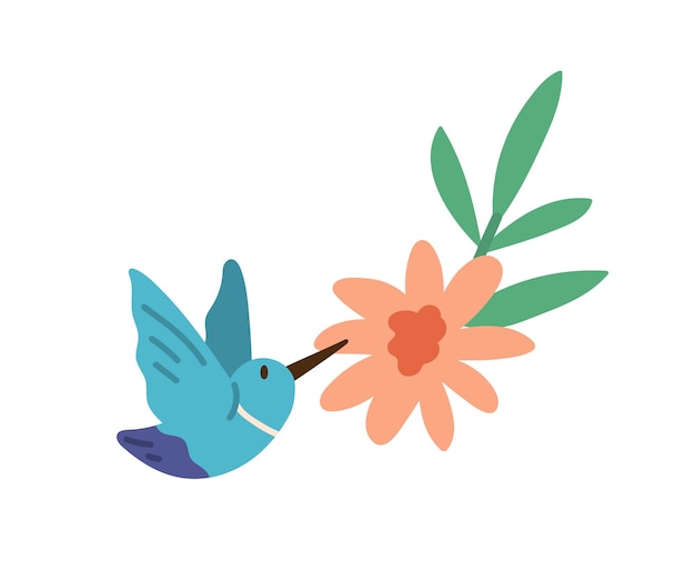 벡터 밝은 꽃이 만발한 꽃 근처에서 날아가는 날개를 가진 아름다운 벌새 또는 colibri. 흰색 배경에 고립 된 열 대 벌 새의 색된 평면 벡터 일러스트 레이 션.