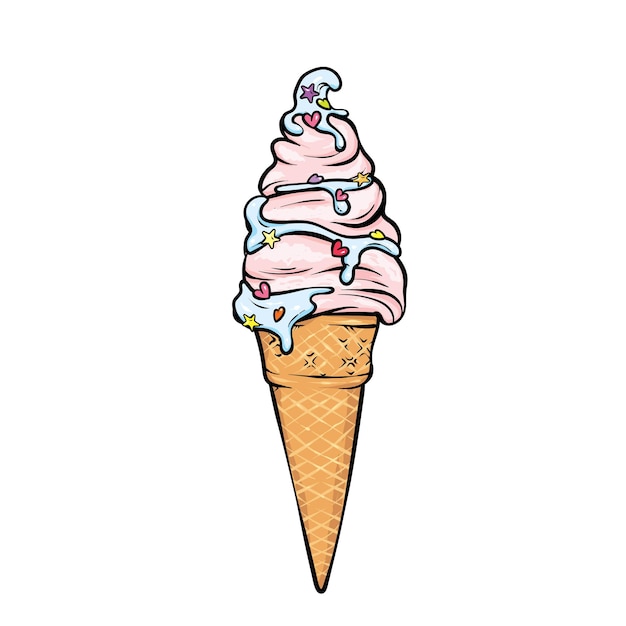 Beautiful ice cream in a waffle horn Vector illustration