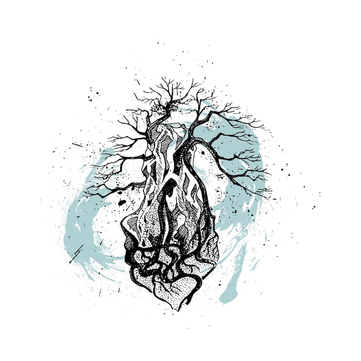 Vector beautiful illustration of a bonsai plant on a stone handdrawn with ink splashes