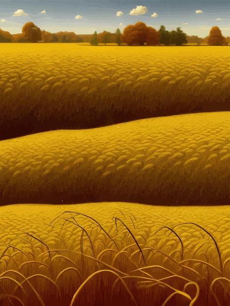 Вектор Красивая иллюстрация поля спелой пшеницы на фоне голубого неба, векторная иллюстрация солнечного дня