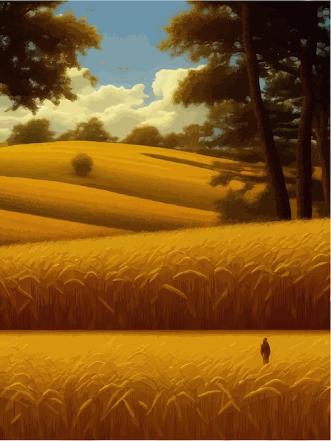 Vettore bellissimo campo illustrativo di grano maturo contro l'illustrazione vettoriale della giornata di sole del cielo blu