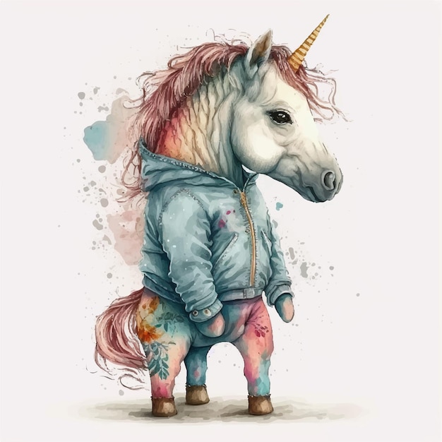 Beautiful illustration unicorn fashionable ink and watercolor style