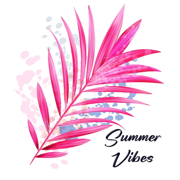 Beautiful illustration with vector tropical pink palm leaf in watercolor style