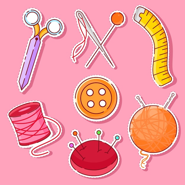 Vector beautiful illustrations of materials for sewing set vector stickers