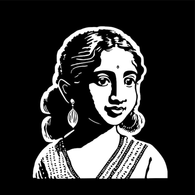 아름다운 인도 신부 사리 초상화 손으로 그린 만화 스티커 아이콘 개념 격리된 그림