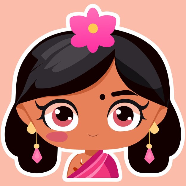 Beautiful indian bride saree portrait hand drawn cartoon sticker icon concept isolated illustration