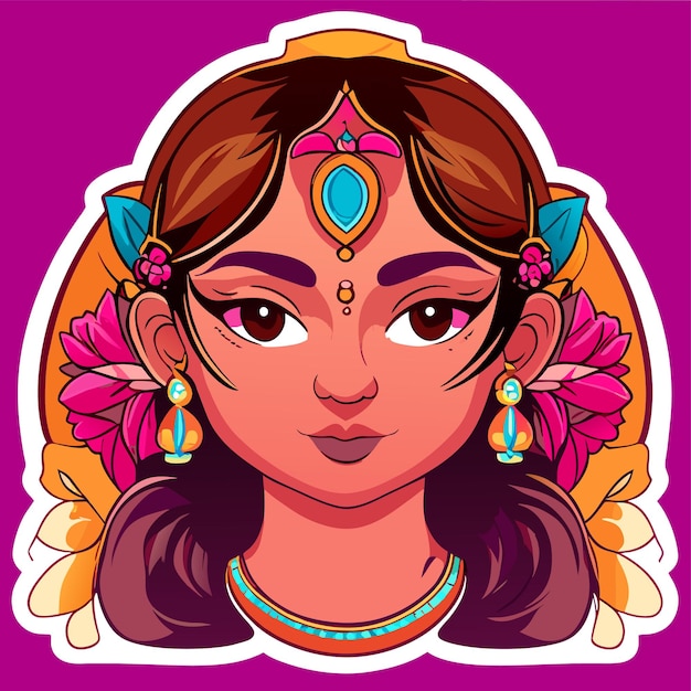 Vettore illustrazione isolata concetto dell'icona dell'autoadesivo del fumetto disegnato a mano del ritratto del sari della bella sposa indiana