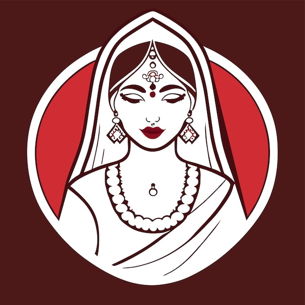Vector beautiful indian bride saree portrait hand drawn cartoon sticker icon concept isolated illustration