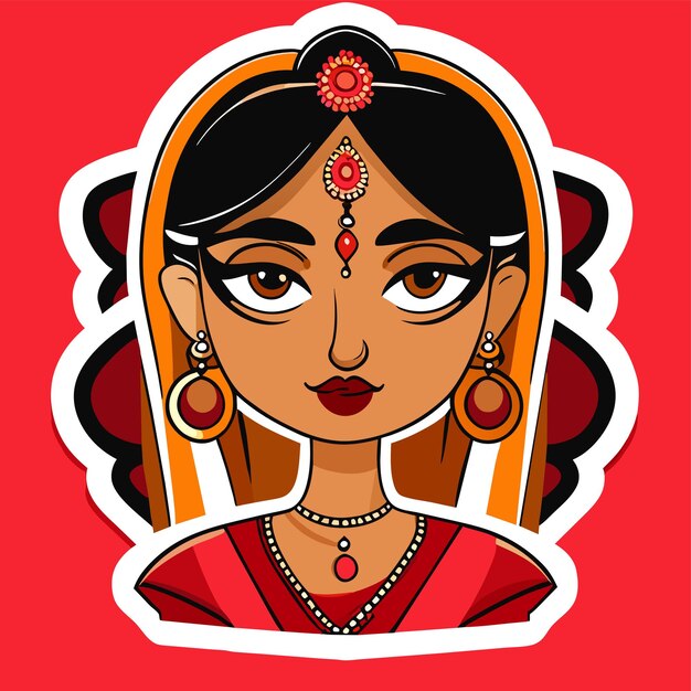 Vector beautiful indian bride saree portrait hand drawn cartoon sticker icon concept isolated illustration