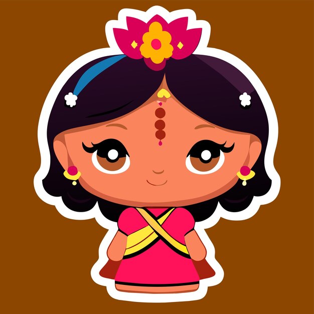 Vector beautiful indian bride saree portrait hand drawn cartoon sticker icon concept isolated illustration