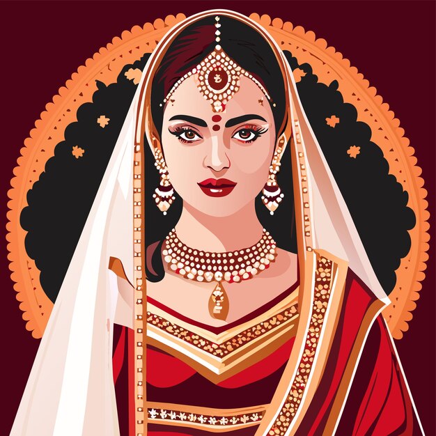 Vector beautiful indian bride saree portrait hand drawn cartoon sticker icon concept isolated illustration