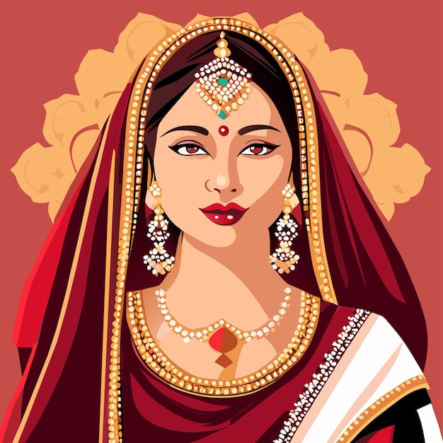 Vector beautiful indian bride saree portrait hand drawn cartoon sticker icon concept isolated illustration